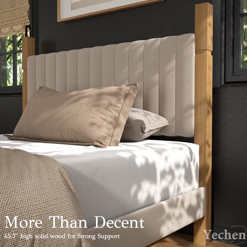 Queen Bed Frame with Headboard, Solid Wood Bed Frame Queen Size, Platform Bedframe Noise Free, No Box Spring Needed, Beige Linen