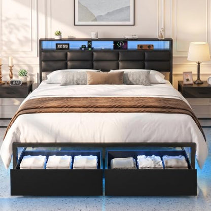 Full Bed Frame with 2 Storage Drawers, LED Lights & Charging Station, Upholstered Headboard with Shelves, Heavy Duty Metal Platform, No Box Spring Needed, Noise Free, Easy Assembly