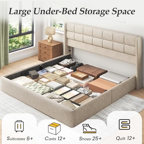 King Size Lift Up Storage Bed Frame, Linen Upholstered King Platform with Button Tufted Wingback Headboard and Under-Bed Storage, Hydraulic Support, No Box Spring Needed, Noise Free, Beige