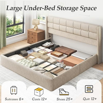 King Size Lift Up Storage Bed Frame, Linen Upholstered King Platform with Button Tufted Wingback Headboard and Under-Bed Storage, Hydraulic Support, No Box Spring Needed, Noise Free, Beige