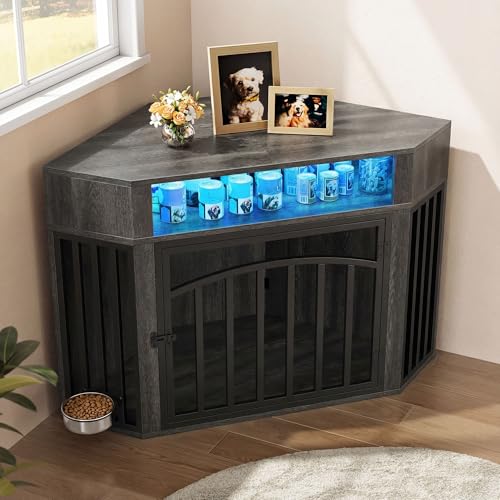 52" Corner Dog Crate Furniture with LED Light & Power Outlets