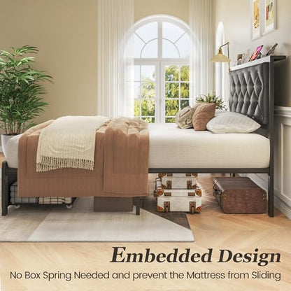 Twin Bed Frame with Storage Drawer, Upholstered Headboard Button Tufted Bed Frame with Charging Station, No Box Spring Needed, Noise-Free, All Metal Structure, Black