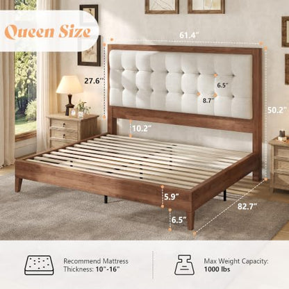 Solid Wood Queen Bed Frame 50.2" Upholstered Headboard, Walnut