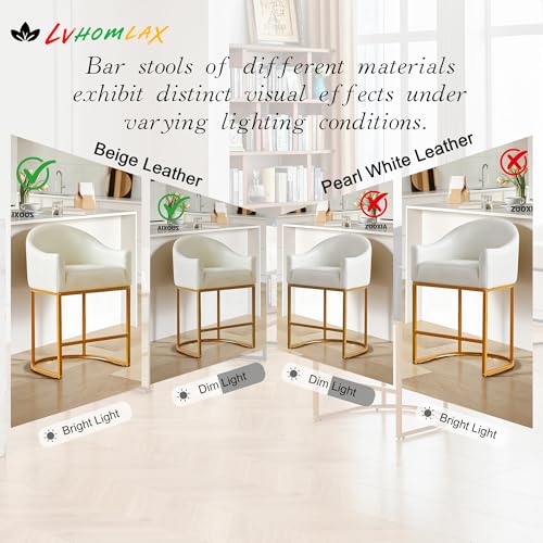 Counter Height Bar Stools Set of 2,Modern Counter Height Bar Stools,PU Leather Upholstered Barrel Barstools with Backs,26'' Kitchen Island Chairs,Metal Gold Frames,Beige White Leather