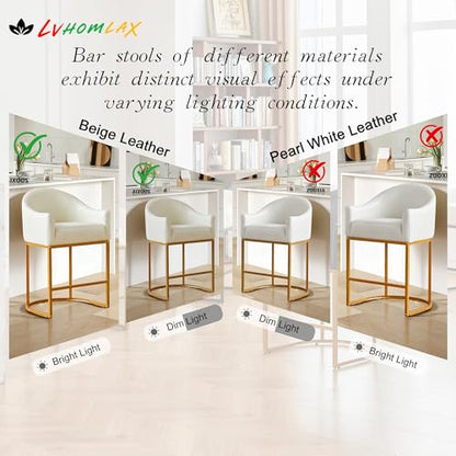 Counter Height Bar Stools Set of 2,Modern Counter Height Bar Stools,PU Leather Upholstered Barrel Barstools with Backs,26'' Kitchen Island Chairs,Metal Gold Frames,Beige White Leather