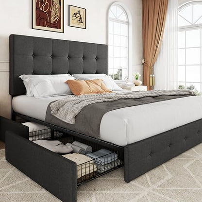 Upholstered Queen Size Platform Bed Frame with 4 Storage Drawers and Headboard, Square Stitched Button Tufted, Mattress Foundation with Wooden Slats Support, No Box Spring Needed, Dark Grey