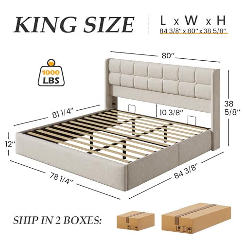 King Size Lift Up Storage Bed Frame, Linen Upholstered King Platform with Button Tufted Wingback Headboard and Under-Bed Storage, Hydraulic Support, No Box Spring Needed, Noise Free, Beige