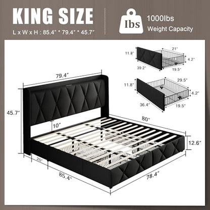 King Size Bed Frame with 4 Storage Drawers and Charging Station, Upholstered Platform Bed Frame with Storage Headboard, No Box Spring Needed, Easy Assembly, Black