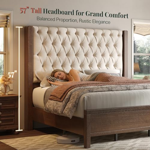 King Size Solid Wood Bed Frame,57" Wingback Headboard,Walnut