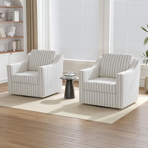 Swivel Club Armchairs, Set of 2, Light Blue Pinstripe Upholstery