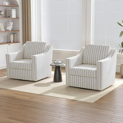 Swivel Club Armchairs, Set of 2, Light Blue Pinstripe Upholstery