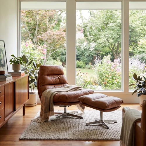 Brown Swivel Lounge Chair with Ottoman Modern PU Leather Accent Chair with Footrest 33'' Wide Oversized Armless Upholstered Reading Chair with Footstool for Living Room Bedroom Comfy