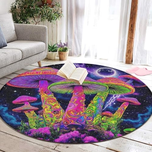Room Sofa Yoga Soft Round Carpet, Home Decor Non Slip Kitchen Office Circle Rug, Machine Washable Modern Round Area Rug Magic Mushrooms Trippy Galaxy Space Art, 60inch