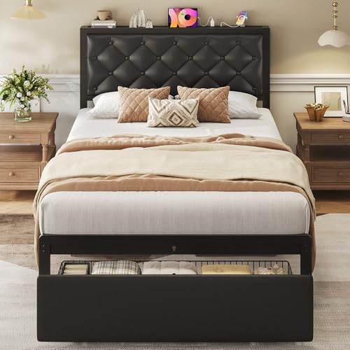 Twin Bed Frame with Storage Drawer, Upholstered Headboard Button Tufted Bed Frame with Charging Station, No Box Spring Needed, Noise-Free, All Metal Structure, Black