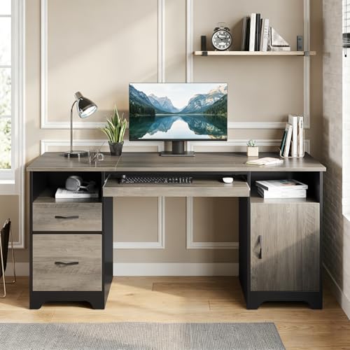 59" Executive Desk, File Drawer, Keyboard Tray & 2 Drawers, Gray