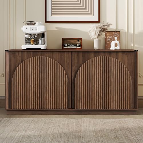 65" Sideboard Buffet Cabinet with Storage, Mid Century Modern Fluted Accent Credenza with Adjustable Shelves, Wood Media TV Console Coffee Bar Table for Dining Room, Living Room, Walnut