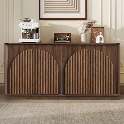 65" Sideboard Buffet Cabinet with Storage, Mid Century Modern Fluted Accent Credenza with Adjustable Shelves, Wood Media TV Console Coffee Bar Table for Dining Room, Living Room, Walnut