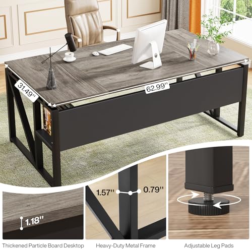 Tribesigns 63 inches Computer Desk with Bottom Storage Shelf Home Office Desk Writing Table for Workstation,Dark Walnut + Steel Leg， Cabinet not Included (Grey, 63-inch-with Shelf)