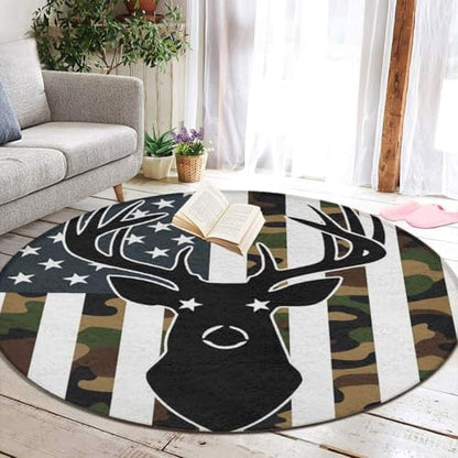 Soft Round Yoga Carpet, Office Chair Decor Round Mat for Carpet and Hardwood Floors American Flag Camo Deer