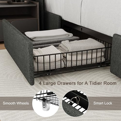 King Size Bed Frame with 4 Storage Drawers and Charging Station, Upholstered Platform Bed Frame with Storage Headboard, No Box Spring Needed, Easy Assembly, Black