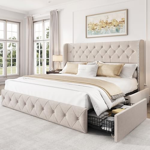 King Size Bed Frame with 4 Storage Drawers and 47.2" Tall Tufted Headboard Linen Upholstered Platform Bed Frame Wingback Beds with Wooden Slats Support, Easy Assembly, Beige