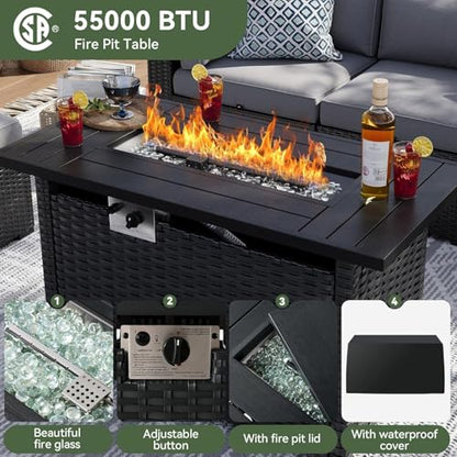 8 Piece Patio Furniture Set with 44” Fire Pit Table, Wicker Rattan Patio Sectional Sofa, Outdoor Furniture Set with Thickened Cushion, Grey