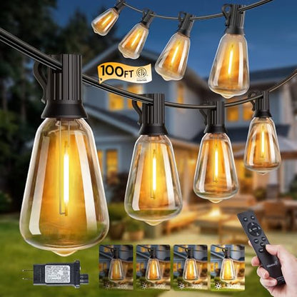 100FT Outdoor-String-Lights with Remote, Shatterproof ST38 LED Bulbs, Waterproof Patio Lights with 3 Modes, Dimmable & Connectable 2700K Hanging Lights for Backyard Porch Deck Balcony