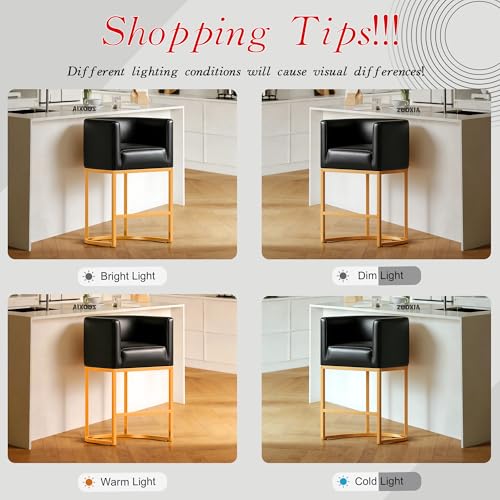 Modern Counter Height Bar Stools,Bar Stools Set of 4,PU Leather Upholstered Barrel Barstools with Backs,24'' Kitchen Island Chairs,Metal Gold Frames,Ink Black Leather