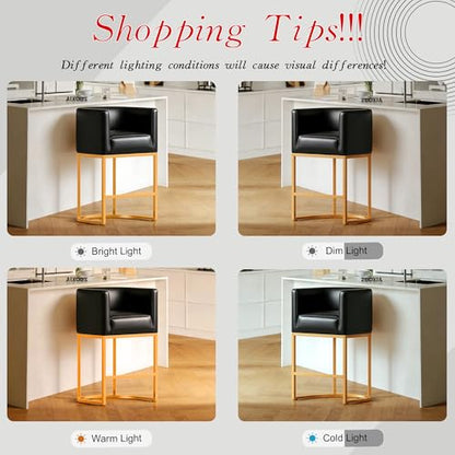 Modern Counter Height Bar Stools,Bar Stools Set of 3,PU Leather Upholstered Barrel Barstools with Backs,24'' Kitchen Island Chairs,Metal Gold Frames,Ink Black Leather