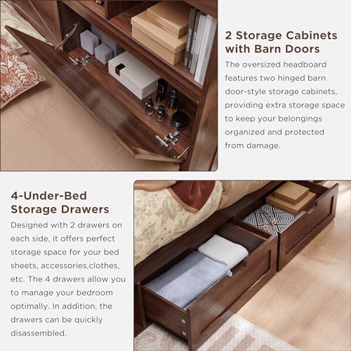 Farmhouse King Bed Frame, 52-Inch LED Storage Headboard, Brown