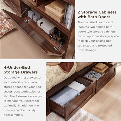 Farmhouse King Bed Frame, 52-Inch LED Storage Headboard, Brown