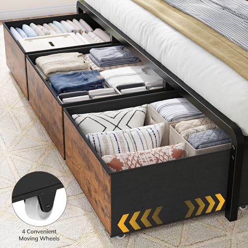 King Size Bed Frame with 9 Drawers and Charging Station,Brown | Storage Headboard Shef,LED Lights,Supports 880 lbs,Noise-Free,No Box Spring Needed,Easy Assembly