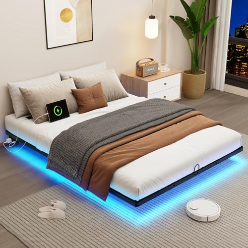 Queen Size Floating Metal Bed Frame with Smart LED Lights & Charging Station, Metal Platform Bed Base No Box Spring Needed, Easy Assembly, Noise Free
