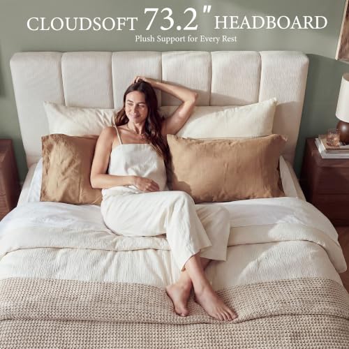 Queen Cloud Bed Frame with Headboard Removable, 5.9'' Boucle Upholstered Bed Rounded Corner Design, Soft Modern Low Platform Floor-Standing Support, Easy Assembly, No Box Spring Needed, White