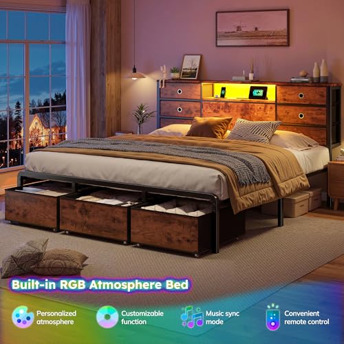 King Size Bed Frame with 9 Drawers and Charging Station,Brown | Storage Headboard Shef,LED Lights,Supports 880 lbs,Noise-Free,No Box Spring Needed,Easy Assembly