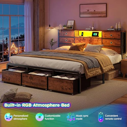 King Size Bed Frame with 9 Drawers and Charging Station,Brown | Storage Headboard Shef,LED Lights,Supports 880 lbs,Noise-Free,No Box Spring Needed,Easy Assembly