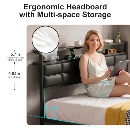 Full Bed Frame with 2 Storage Drawers, LED Lights & Charging Station, Upholstered Headboard with Shelves, Heavy Duty Metal Platform, No Box Spring Needed, Noise Free, Easy Assembly