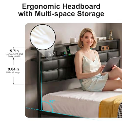 Full Bed Frame with 2 Storage Drawers, LED Lights & Charging Station, Upholstered Headboard with Shelves, Heavy Duty Metal Platform, No Box Spring Needed, Noise Free, Easy Assembly