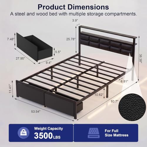 Full Bed Frame with 2 Storage Drawers, LED Lights & Charging Station, Upholstered Headboard with Shelves, Heavy Duty Metal Platform, No Box Spring Needed, Noise Free, Easy Assembly