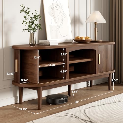 Mid Century TV Stand for TVs up to 65 Inches, Entertainment Center with Storage, Power Outlet, Fluted Sliding Doors & Adjustable Shelves, Modern Media TV Console Table for Living Room (Walnut)