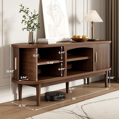 Mid Century TV Stand for TVs up to 65 Inches, Entertainment Center with Storage, Power Outlet, Fluted Sliding Doors & Adjustable Shelves, Modern Media TV Console Table for Living Room (Walnut)