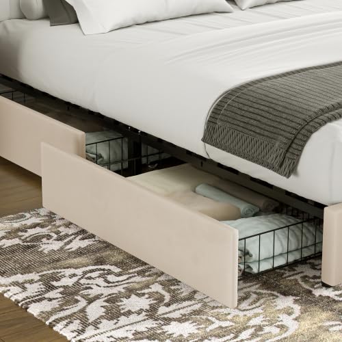 Queen Size Upholstered Bed Frame with 4 Drawers and Headboard, Velvet Platform Storage Bedframe, Wooden Slats Support, No Box Spring Needed, Beige