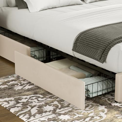 Queen Size Upholstered Bed Frame with 4 Drawers and Headboard, Velvet Platform Storage Bedframe, Wooden Slats Support, No Box Spring Needed, Beige