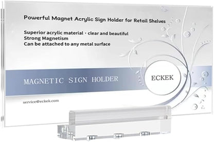 ECKEK Magnetic Sign Holder Grip Holder, Powerful Magnet, Acrylic Sign Holder for Retail Shelves Display Store Vendor Event Warehouse and Shop Supplies (Acrylic Base 210*100mm/ 8.27*3.94inches)