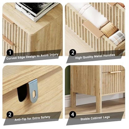47" Tall Dressers for Bedroom Fluted 5 Drawer Dresser, Wooden Dresser Modern Chest of Drawers Dressers with Organizer Storage for Bedroom, Living Room, Entryway, Oak