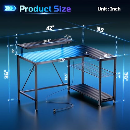42" L-Shaped Gaming Desk with LED Lights and Power Outlets, Black