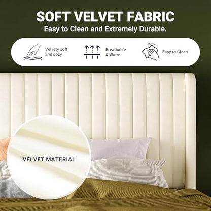 Full Size Velvet Bed Frame/Vertical Channel Tufted Wingback Headboard/Upholstered Platform Bed/Strong Wooden Slats/No Box Spring Needed/Easy Assembly/Cream White