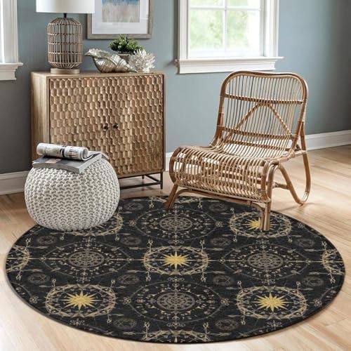 Home Decor Non Slip Kitchen Office Circle Rug, Machine Washable Modern Round Area Rug, Room Sofa Yoga Soft Round Carpet Ancient Viking Vegvisir Art Wind Rose Magic Navigation Gold Compass