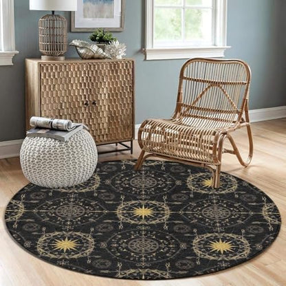 Home Decor Non Slip Kitchen Office Circle Rug, Machine Washable Modern Round Area Rug, Room Sofa Yoga Soft Round Carpet Ancient Viking Vegvisir Art Wind Rose Magic Navigation Gold Compass