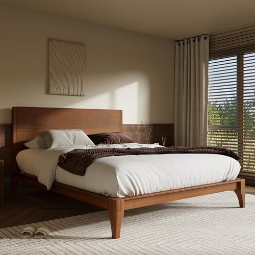 Queen Bamboo Platform Bed Frame with Tall Headboard, Warm Brown